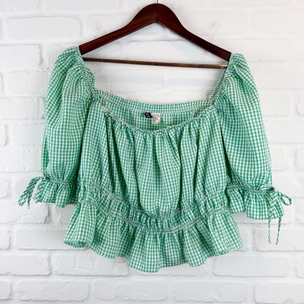 H&M Divided Green White Gingham Ruffle Crop Top Puff Sleeves XL
